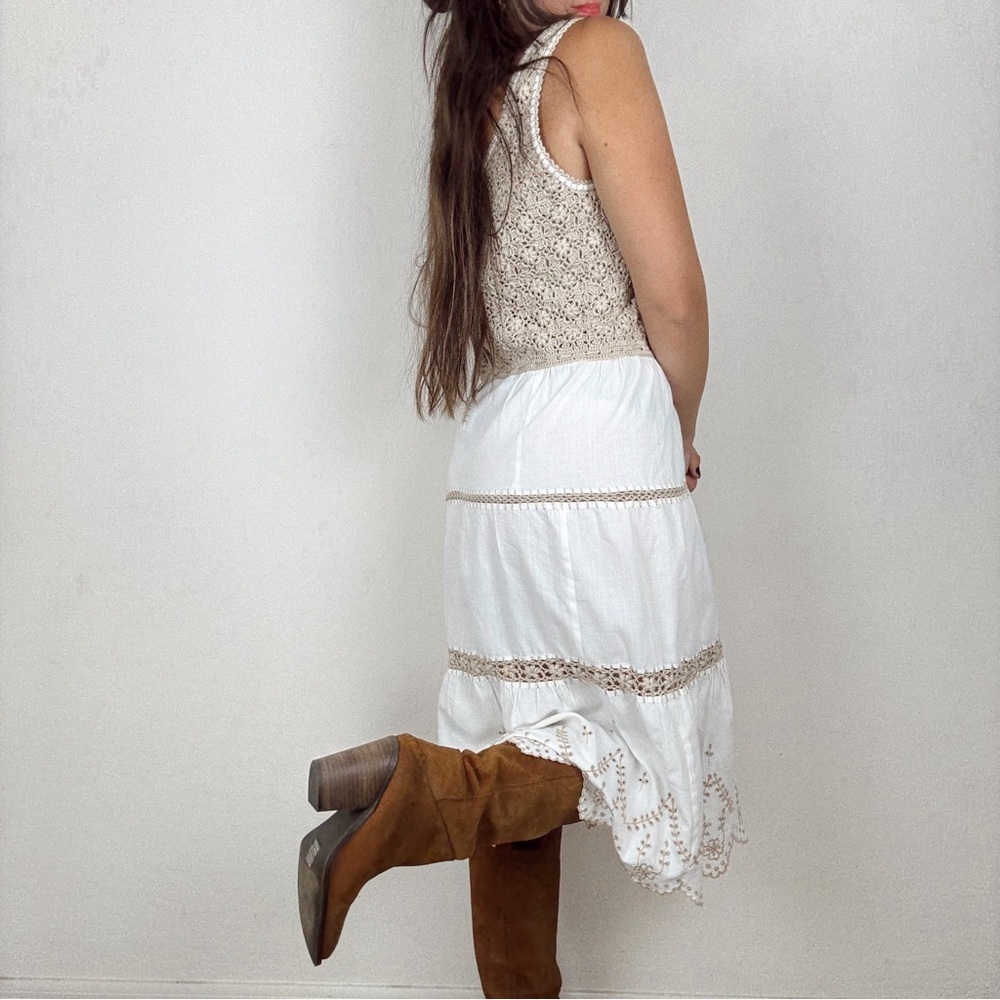 1970S Vintage BROWN & CREAM CROCHET Embroidered MIDI DRESS - Picture 3 of 13